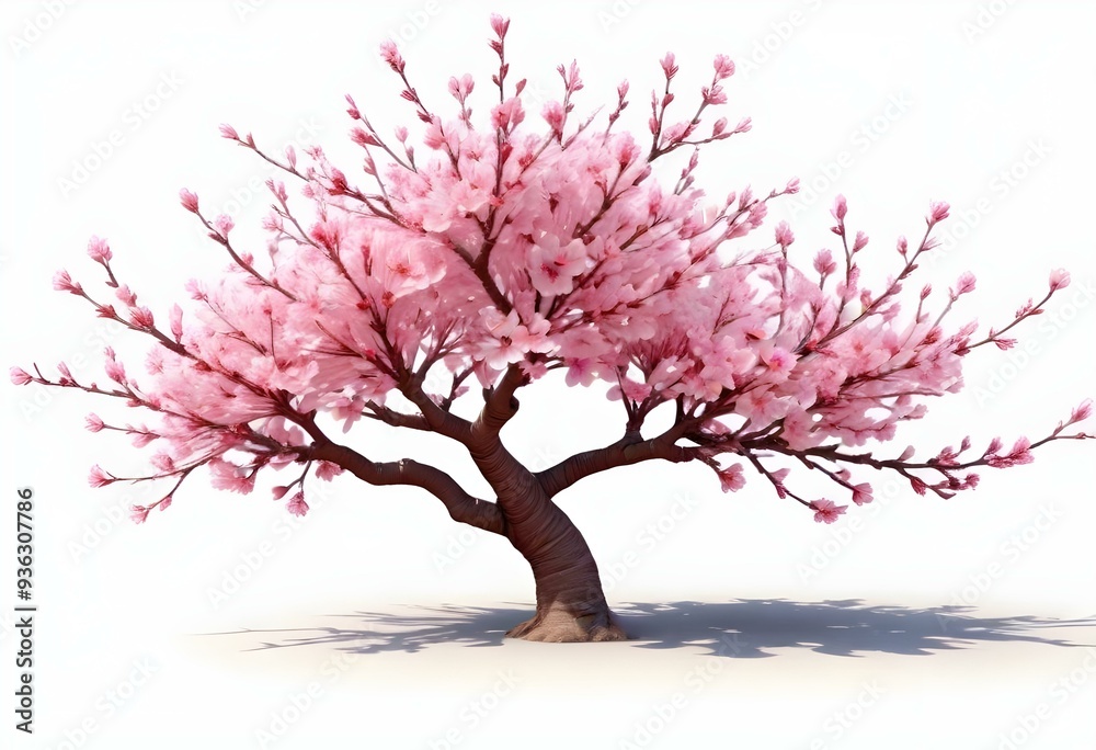 Obraz premium A pink cherry blossom tree and branches with delicate pink flowers blooming against a warm neutral white background