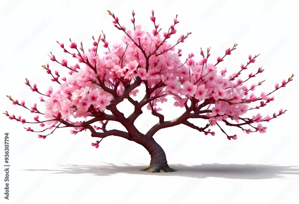 A pink cherry blossom tree and branches with delicate pink flowers blooming against a warm neutral white background A pink cherry blossom tree and branches with delicate pink flowers blooming against a warm neutral white background