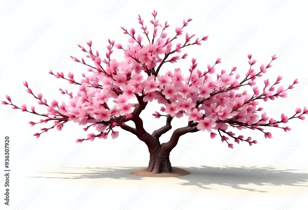A pink cherry blossom tree and branches with delicate pink flowers blooming against a warm neutral white background A pink cherry blossom tree and branches with delicate pink flowers blooming against a warm neutral white background