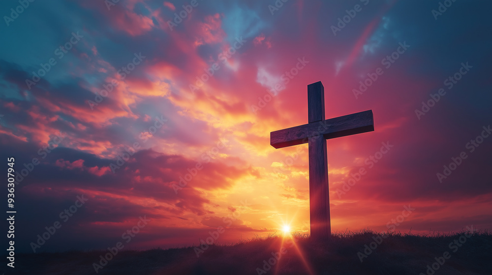 A cross is standing in a field at sunset A cross is standing in a field at sunset