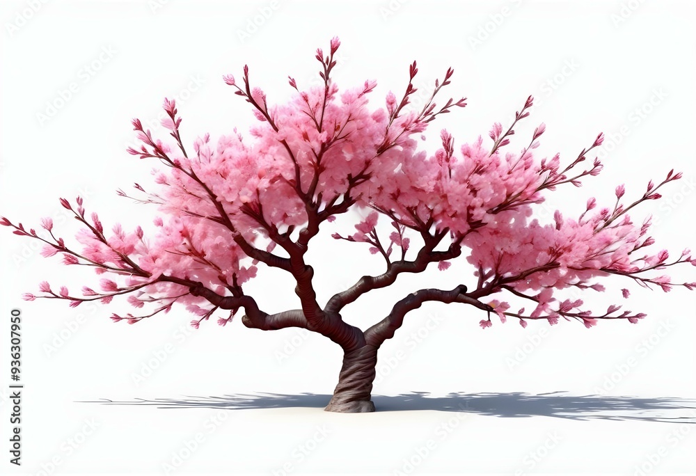 A pink cherry blossom tree and branches with delicate pink flowers blooming against a warm neutral white background A pink cherry blossom tree and branches with delicate pink flowers blooming against a warm neutral white background