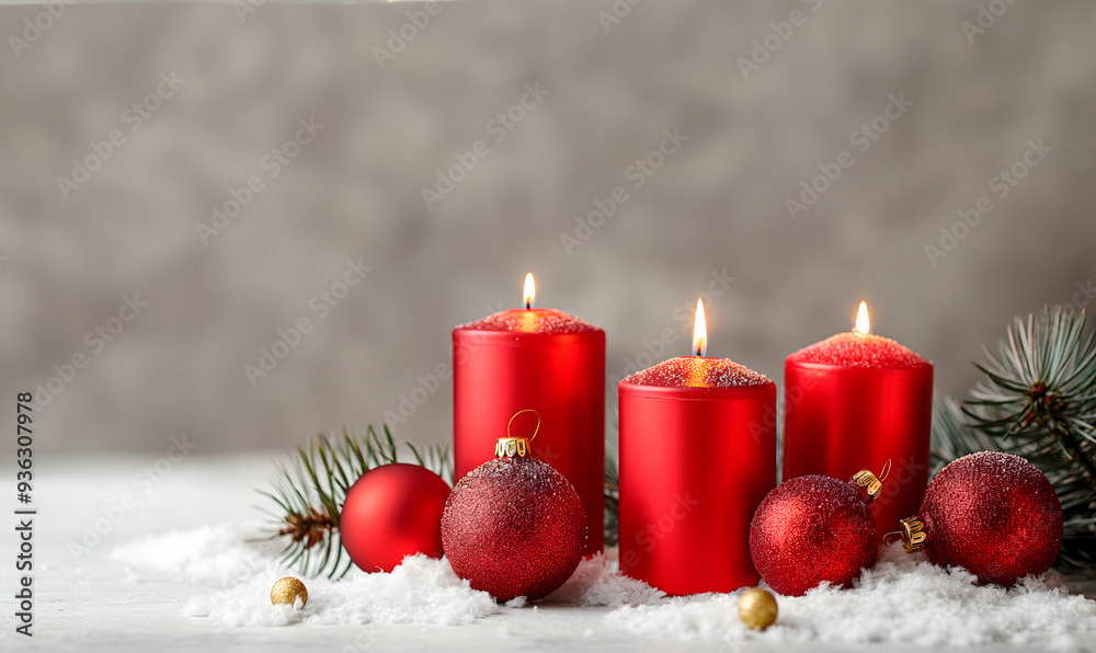 Cozy winter background with red candles and festive ornaments,ideal for use in Christmas product promotions, seasonal website banners, or as visual for festive email newsletters,banner with copy space Cozy winter background with red candles and festive ornaments,ideal for use in Christmas product promotions, seasonal website banners, or as visual for festive email newsletters,banner with copy space