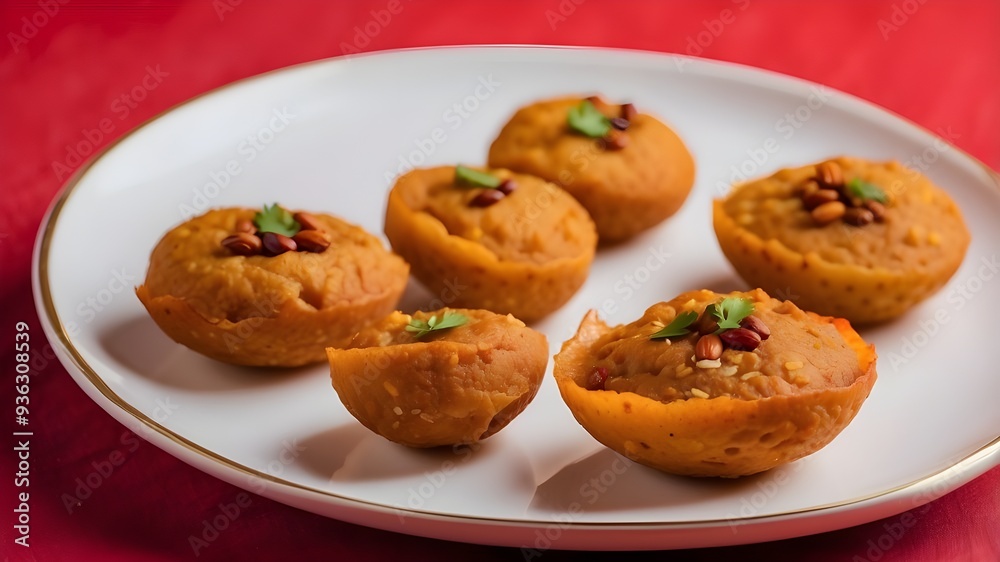 Thekua is an Indian dessert or snack served on a white plate with a stunning red backdrop. favored in Jharkhand and Bihar. Prashad at a festival, puja, or Chhath Maha Parv. Thekua is an Indian dessert or snack served on a white plate with a stunning red backdrop. favored in Jharkhand and Bihar. Prashad at a festival, puja, or Chhath Maha Parv.