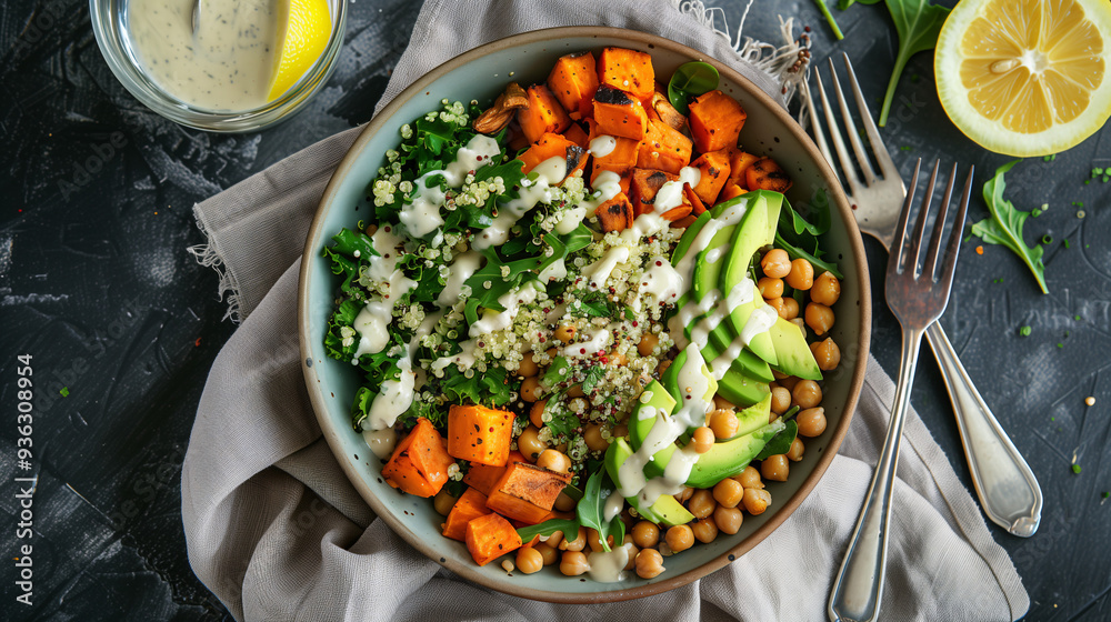 a vibrant quinoa salad bowl, featuring roasted sweet potatoes, chickpeas, avocado, and a tahini dressing, with a linen napkin and a glass of lemon water beside it a vibrant quinoa salad bowl, featuring roasted sweet potatoes, chickpeas, avocado, and a tahini dressing, with a linen napkin and a glass of lemon water beside it