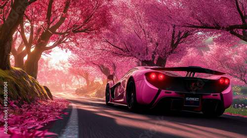 A pink sports car driving down a road flanked by pink-leaved trees, seen from the rear. photo