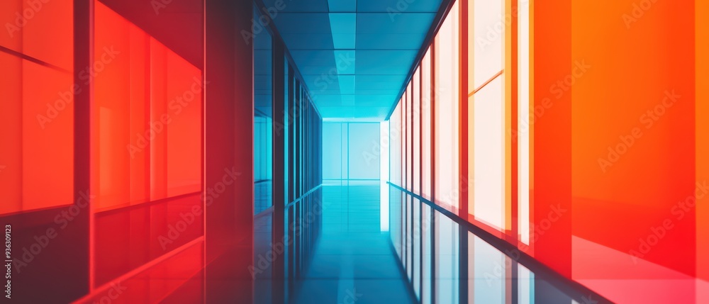 A vibrant corridor featuring bold red and blue lights, creating an abstract and modern atmosphere for innovative designs. A vibrant corridor featuring bold red and blue lights, creating an abstract and modern atmosphere for innovative designs.