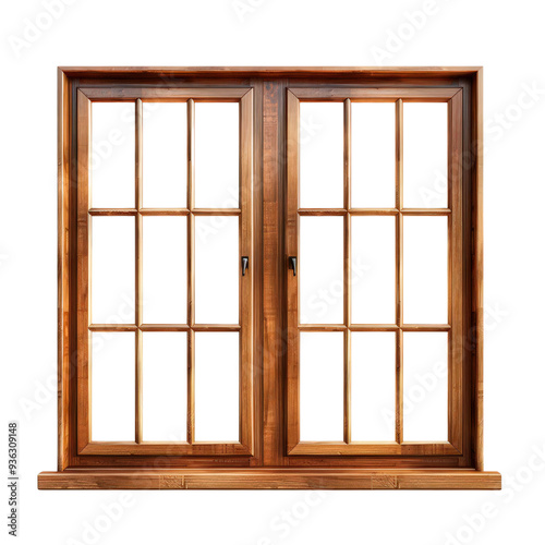 Classic Double-Hung Window with Wooden Frame - Architectural Element Isolated on White Background