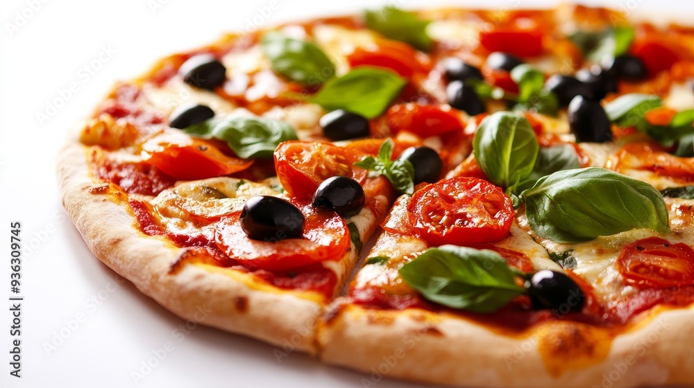 A vibrant vegan pizza topped with fresh tomatoes and olives, isolated on a crisp white background A vibrant vegan pizza topped with fresh tomatoes and olives, isolated on a crisp white background