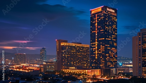 The beautiful scene of the Hilton Hotel's tall buildings and the city's bright lights at night #936309701