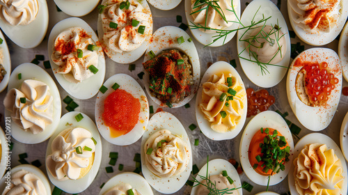 an assortment of gourmet deviled eggs, each uniquely garnished with toppings like smoked paprika, chives, and caviar, displayed on a chic serving tray photo