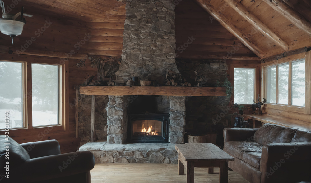 A cozy living room with a stone fireplace in a cabin A cozy living room with a stone fireplace in a cabin