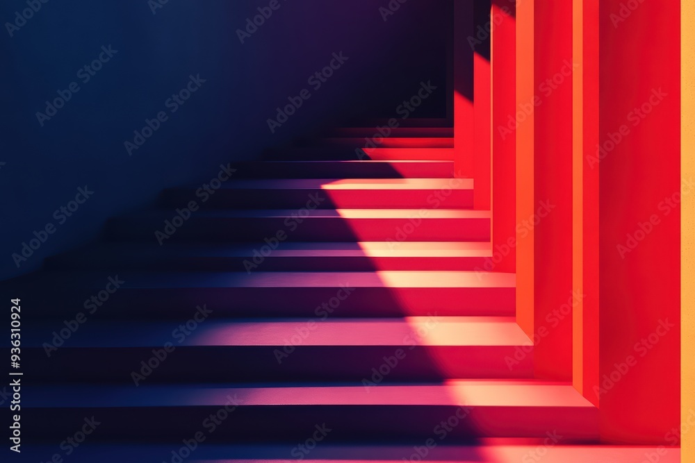 Obraz premium A vivid staircase illuminated by colorful shadows, creating a mesmerizing play of light and depth in a modern architectural setting.