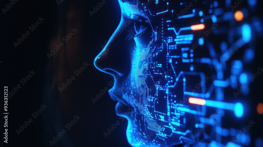 a human face is seen from the side with glowing blue futuristic circuits and elements a human face is seen from the side with glowing blue futuristic circuits and elements
