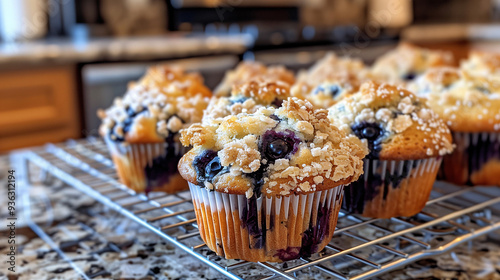 a batch of blueberry muffins, with golden tops and bursting blueberries, cooling on a wire rack in a sunlit kitchen