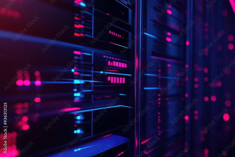 Futuristic data server showcasing vibrant neon lights, representing advanced technology and digital innovation.