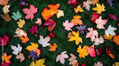 A vibrant patch of multicolored maple leaves scattered across a grassy lawn in autumn.  photo