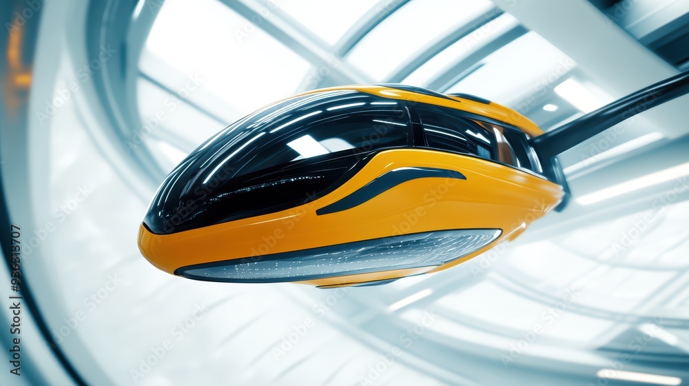 Obraz premium Futuristic transport capsule hovering in a modern environment with sleek design and vibrant colors, showcasing advanced technology.