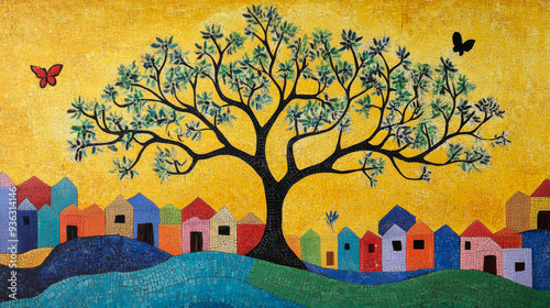 Mosaic artwork depicting a large tree growing behind a colorful village with butterflies flying overhead