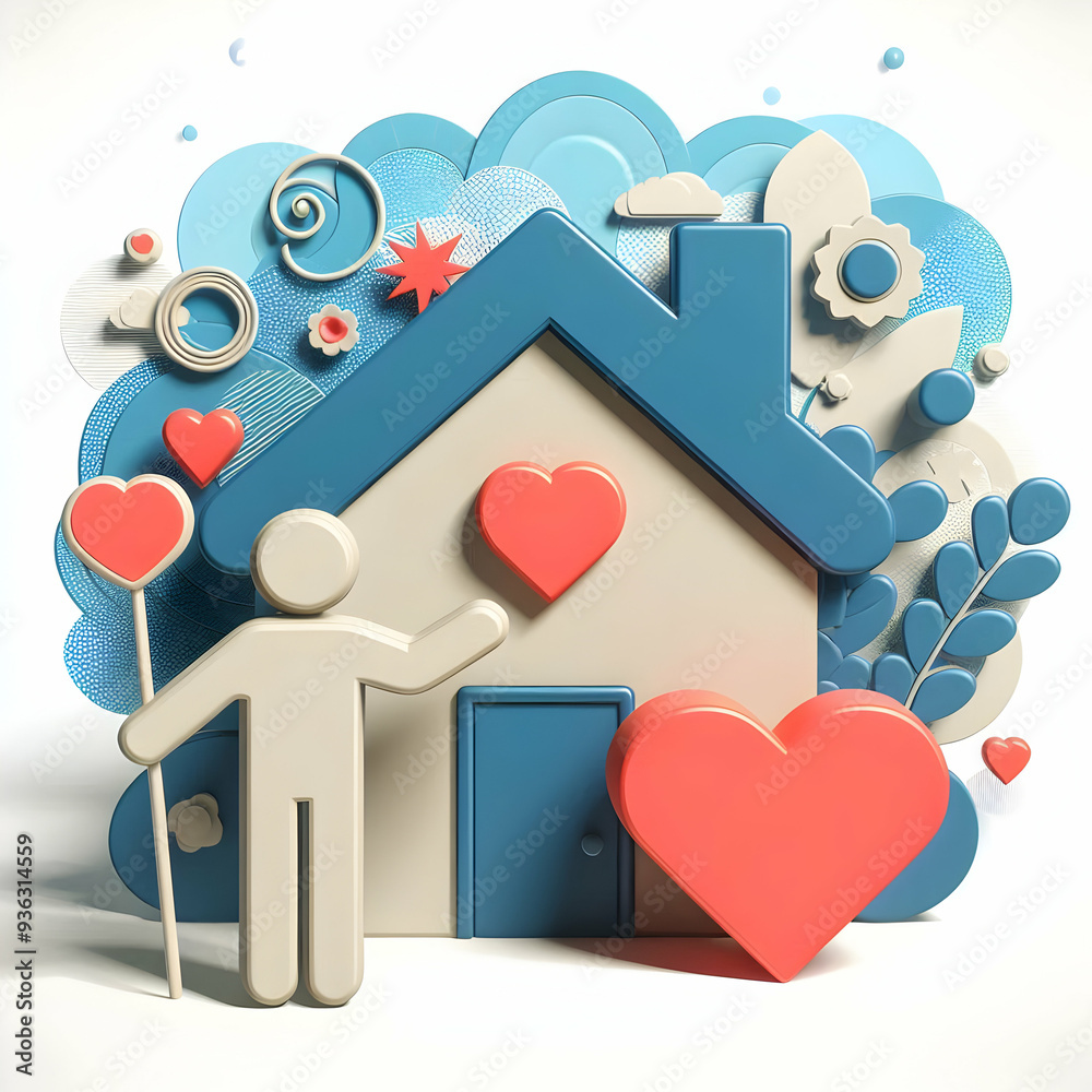 3d Flat icon as Housing Coordinator with Home and Heart concept as An image of a housing coordinator with a home and heart symbol set against a whimsical background offering ample space for text or gr 3d Flat icon as Housing Coordinator with Home and Heart concept as An image of a housing coordinator with a home and heart symbol set against a whimsical background offering ample space for text or gr