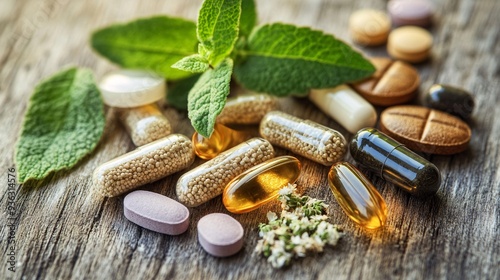 A close-up of herbal remedies and natural supplements arranged artistically on a wooden table, emphasizing the essence of naturopathy