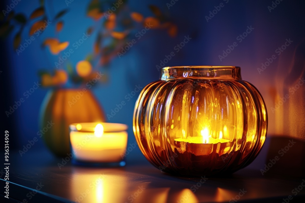 Illuminated Amber Glass Pumpkin Jar with Candle on Table in Cozy Setting Illuminated Amber Glass Pumpkin Jar with Candle on Table in Cozy Setting