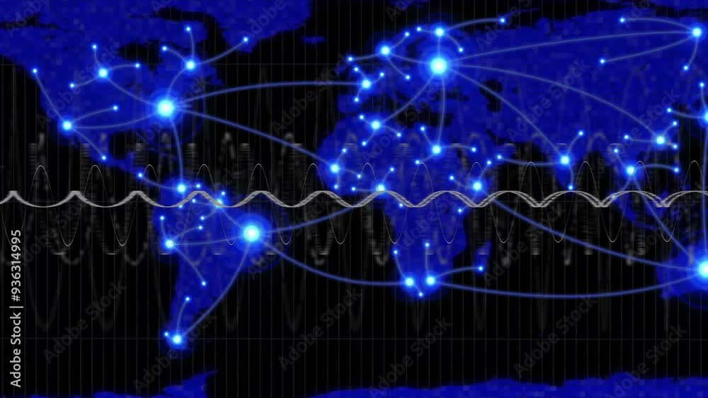 Global network connections and data flow animation over world map Global network connections and data flow animation over world map