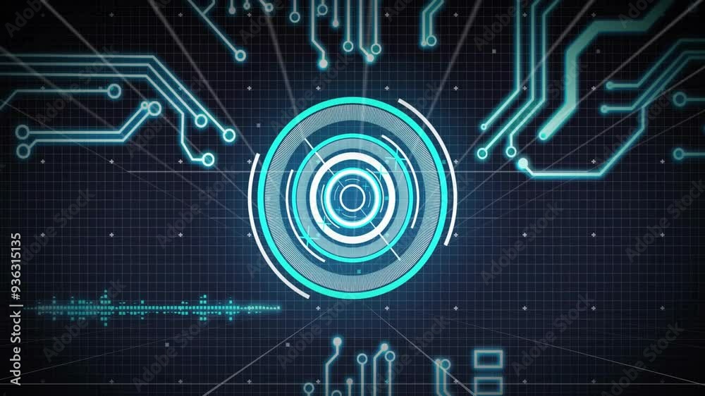 Futuristic digital interface with circuit board animation over grid background Futuristic digital interface with circuit board animation over grid background