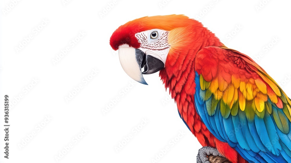Vibrant and colorful parrot with striking red, yellow, and blue feathers, showcasing its beauty on a white background. Vibrant and colorful parrot with striking red, yellow, and blue feathers, showcasing its beauty on a white background.