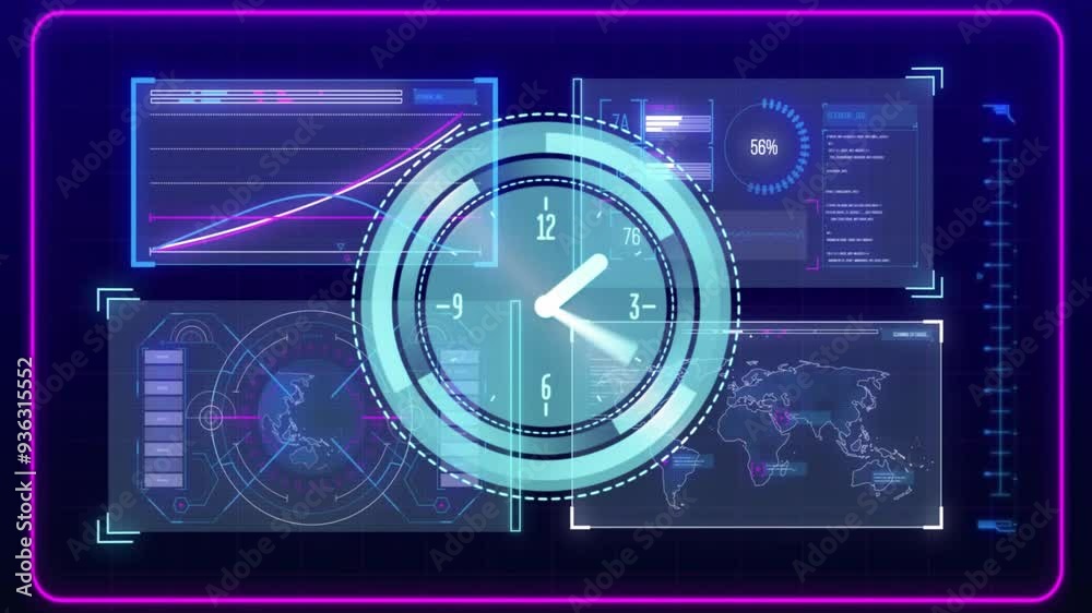 Animating clock and data charts over digital dashboard interface in school setting
