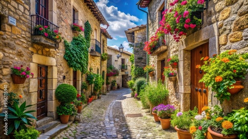 Ancient cobblestone roads winding through picturesque Spanish villages, lined with historic stone buildings and adorned with vibrant flowers, evoke a sense of nostalgic charm.