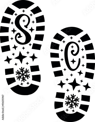 Santa footsteps. Santa Claus footprint stencil designs. Christmas vector illustration