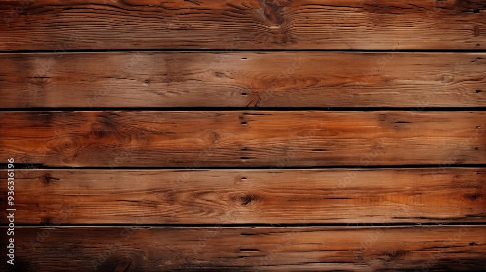 Naklejka premium A high resolution close-up of rustic wood planks with intricate grain patterns, knots and weathered textures. The wood is a rich warm brown with visible signs of age and wear.