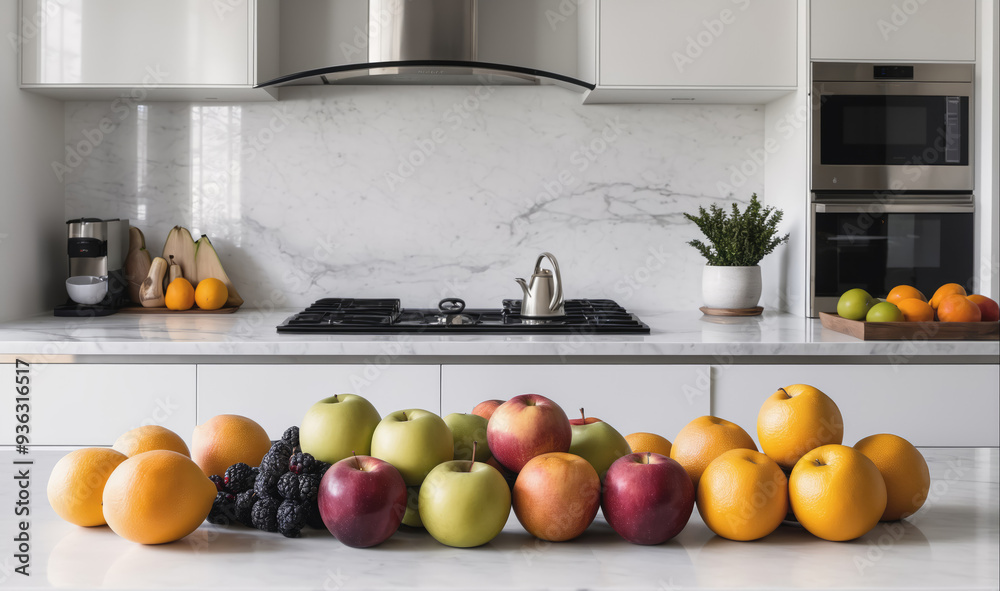 A countertop in a modern kitchen displays a variety of fresh fruit, including apples, oranges, and blackberries A countertop in a modern kitchen displays a variety of fresh fruit, including apples, oranges, and blackberries