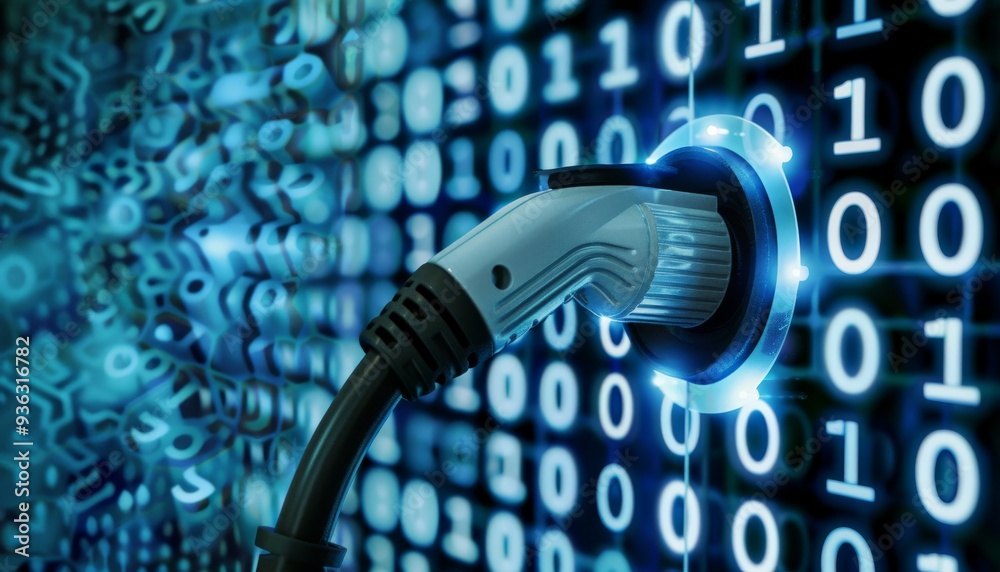 photo illustrating a futuristic EV car electric plug battery charger set against a blue abstract photo illustrating a futuristic EV car electric plug battery charger set against a blue abstract