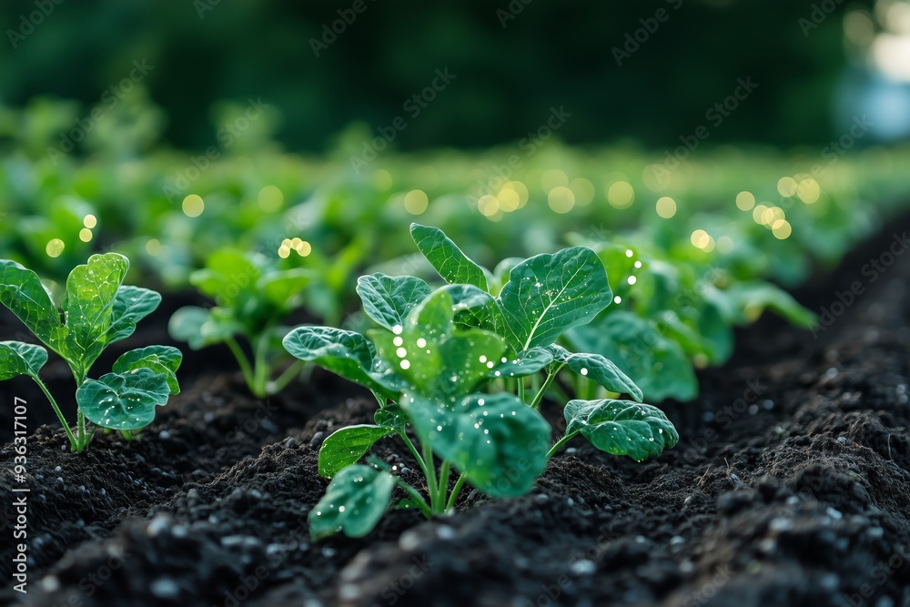 Young green seedlings growing in a vegetable field at dusk with soft light reflecting off their leaves Young green seedlings growing in a vegetable field at dusk with soft light reflecting off their leaves