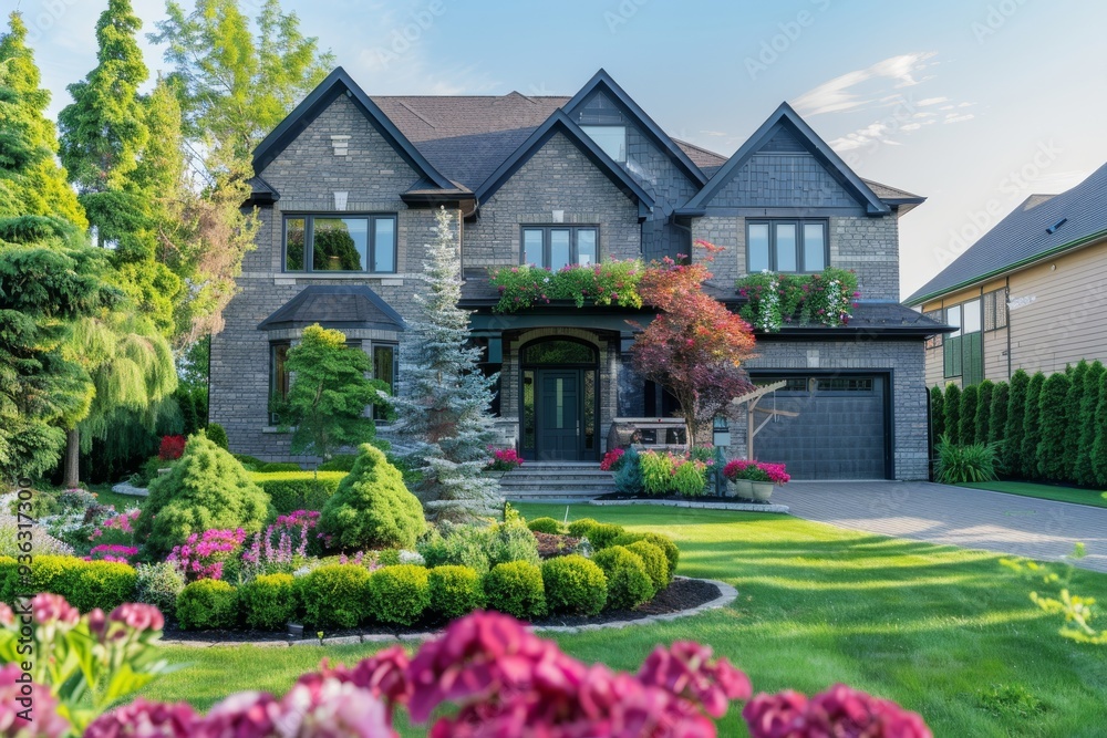 photo illustrating a luxurious Canadian home with a beautifully maintained front yard, nestled photo illustrating a luxurious Canadian home with a beautifully maintained front yard, nestled