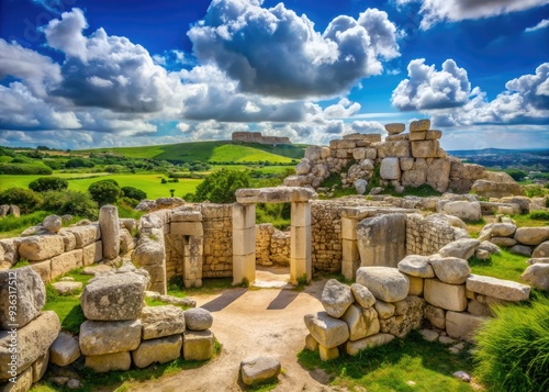 Ancient megalithic temple complex in Ggantija, Gozo Island, Malta, showcases Neolithic-era architecture amidst lush greenery and blue skies, attracting tourists and history enthusiasts.