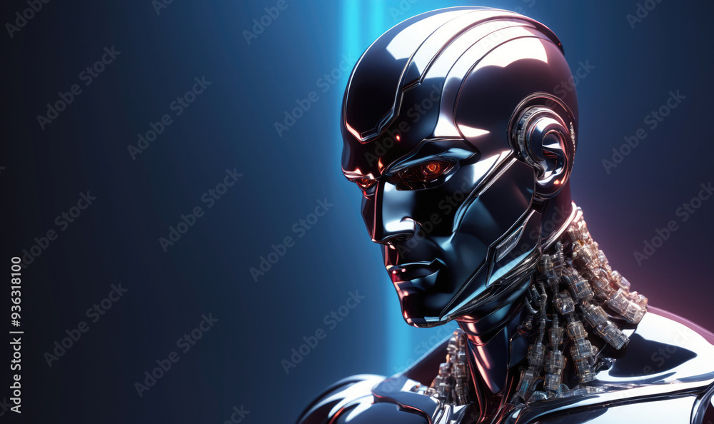 A silver robot with red eyes stares intensely towards the right, with its metallic body gleaming in the blue light A silver robot with red eyes stares intensely towards the right, with its metallic body gleaming in the blue light