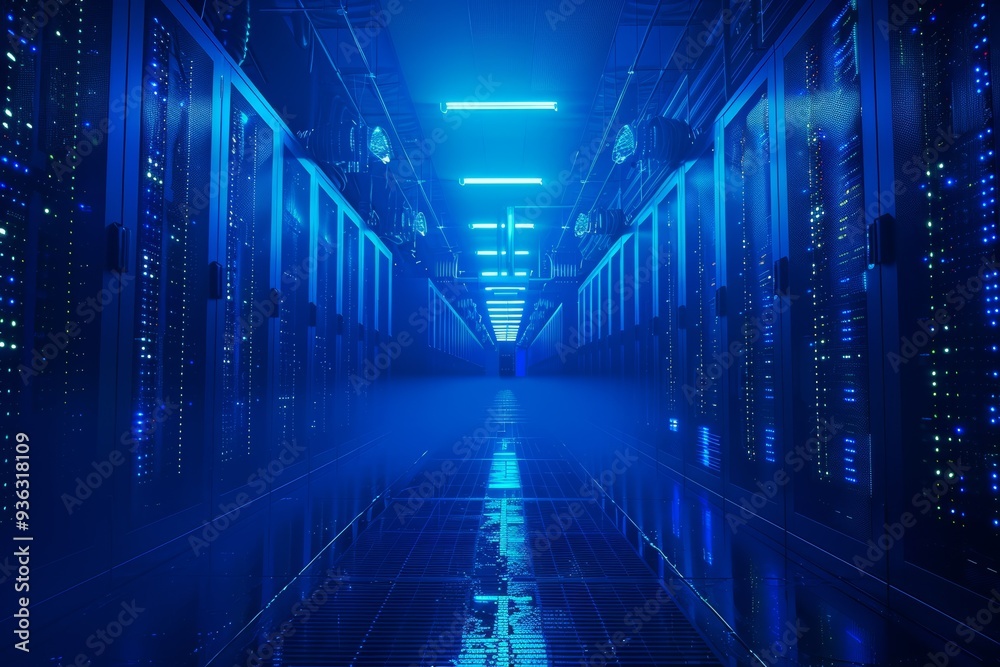 Server room interior bathed in blue light within a datacenter, showcasing modern web network Server room interior bathed in blue light within a datacenter, showcasing modern web network