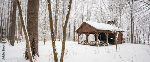 Picnic cabin in winter snowstorm at Dutton Pines State Park Verm photo