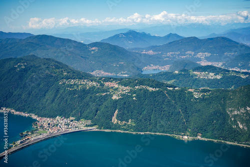 Areal view of the swiss Alps and Lake Lugano