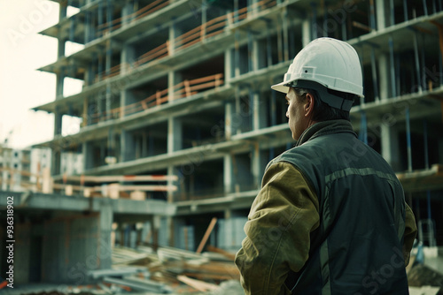 Foreman in uniform and construction helmet looking at building under construction.