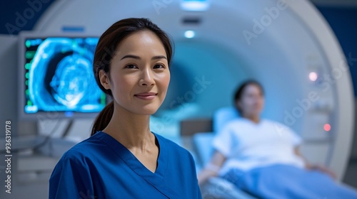 A focused nuclear medicine technologist operating imaging equipment with a patient in the background