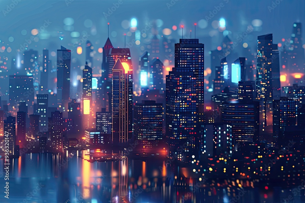 Fototapeta premium Nighttime Cityscape with Illuminated Buildings and Reflections in Water