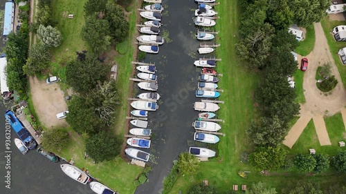 Huntingdon boathaven Overhead birds eye drone aerial view boats moored River Great Ouse UK photo