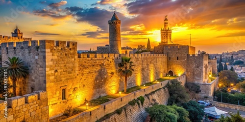 Ancient stone walls of Old City Jerusalem glow golden at sunset, with historic Tower of David citadel standing proud near Jaffa Gate entrance. photo