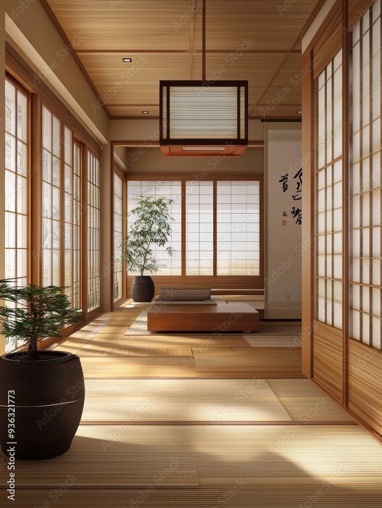 Obraz premium Serene Japanese Home Decor with Shoji Screens, Bamboo Plants, and Calligraphy Art