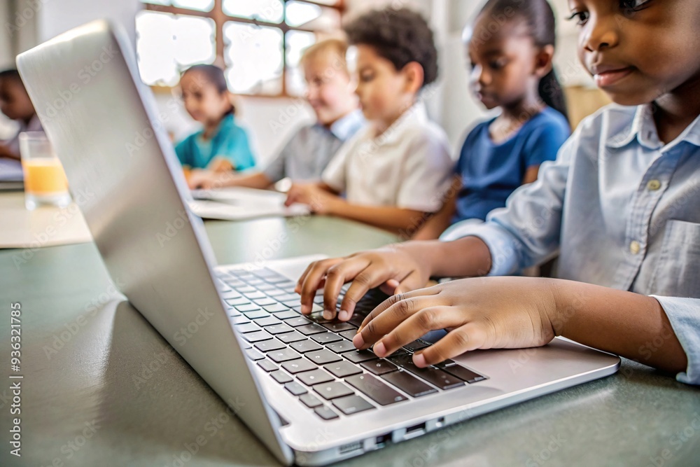 Engaged and Diverse Students Thrive in Tech-Savvy Classroom. A heartwarming image of young, diverse students fully engaged in a technology-based lesson. Engaged and Diverse Students Thrive in Tech-Savvy Classroom. A heartwarming image of young, diverse students fully engaged in a technology-based lesson.
