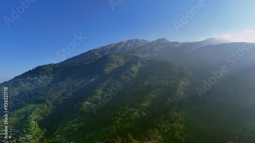 Merbabu mountain in Indonesia, early morning aerial view photo