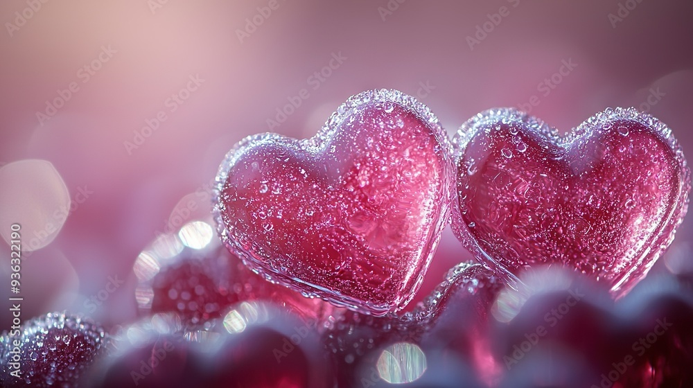 A pair of pink hearts resting atop a field of snow-covered boulders and greenery A pair of pink hearts resting atop a field of snow-covered boulders and greenery